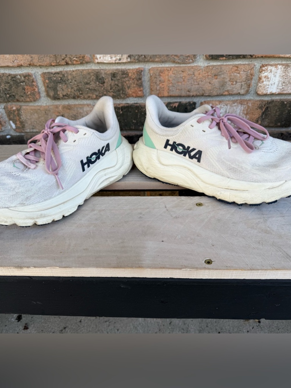 Hoka Women’s White Sneakers with Pink Laces and Mint Heel Accent